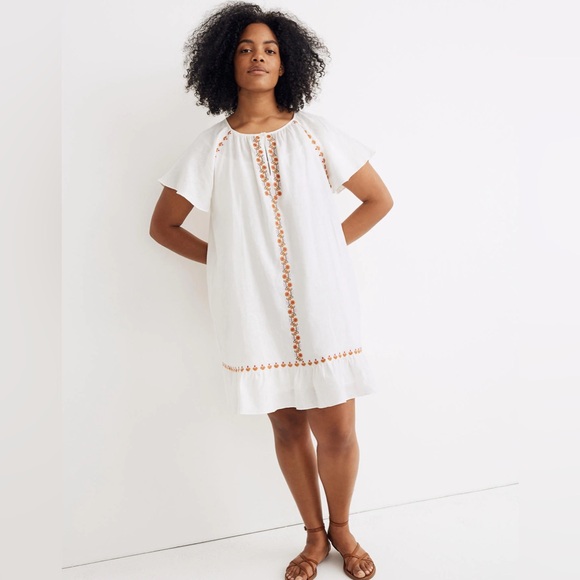 Madewell Embroidered Linen-blend Raglan Ruffle Mini Dress - Picture 1 of 7